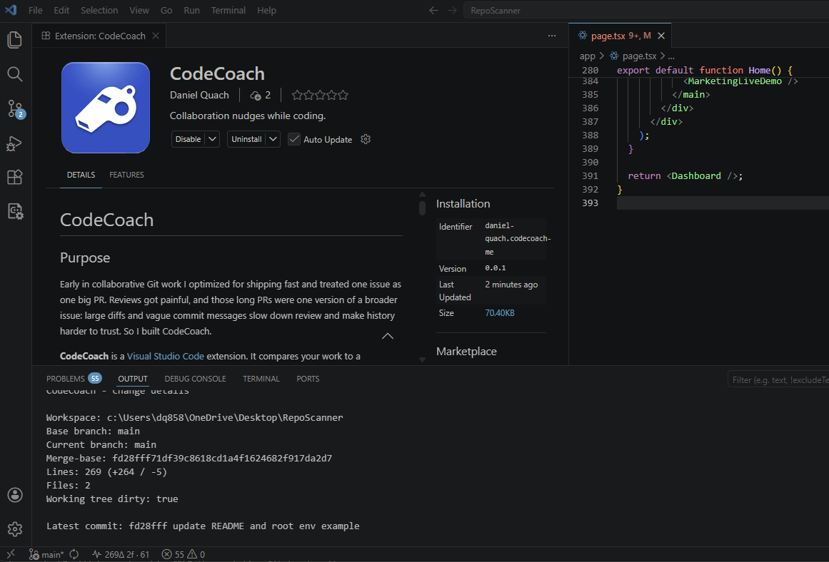 CodeCoach VS Code extension in the editor